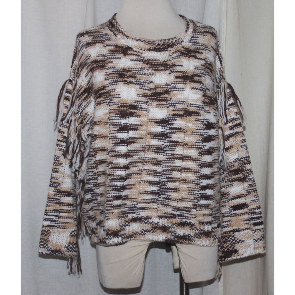 Net 153 Brown & Ivory Crochet Fringe Crop Sweater Size M/L